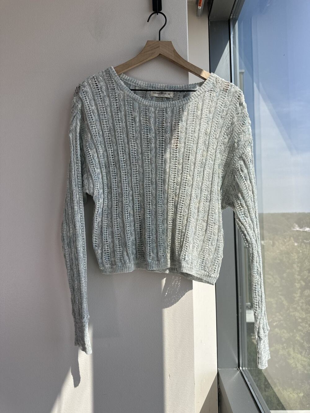 NWT Natural Life Sheer Open Knit Lightweight Sweater Crop Top Gray Blue Boho M